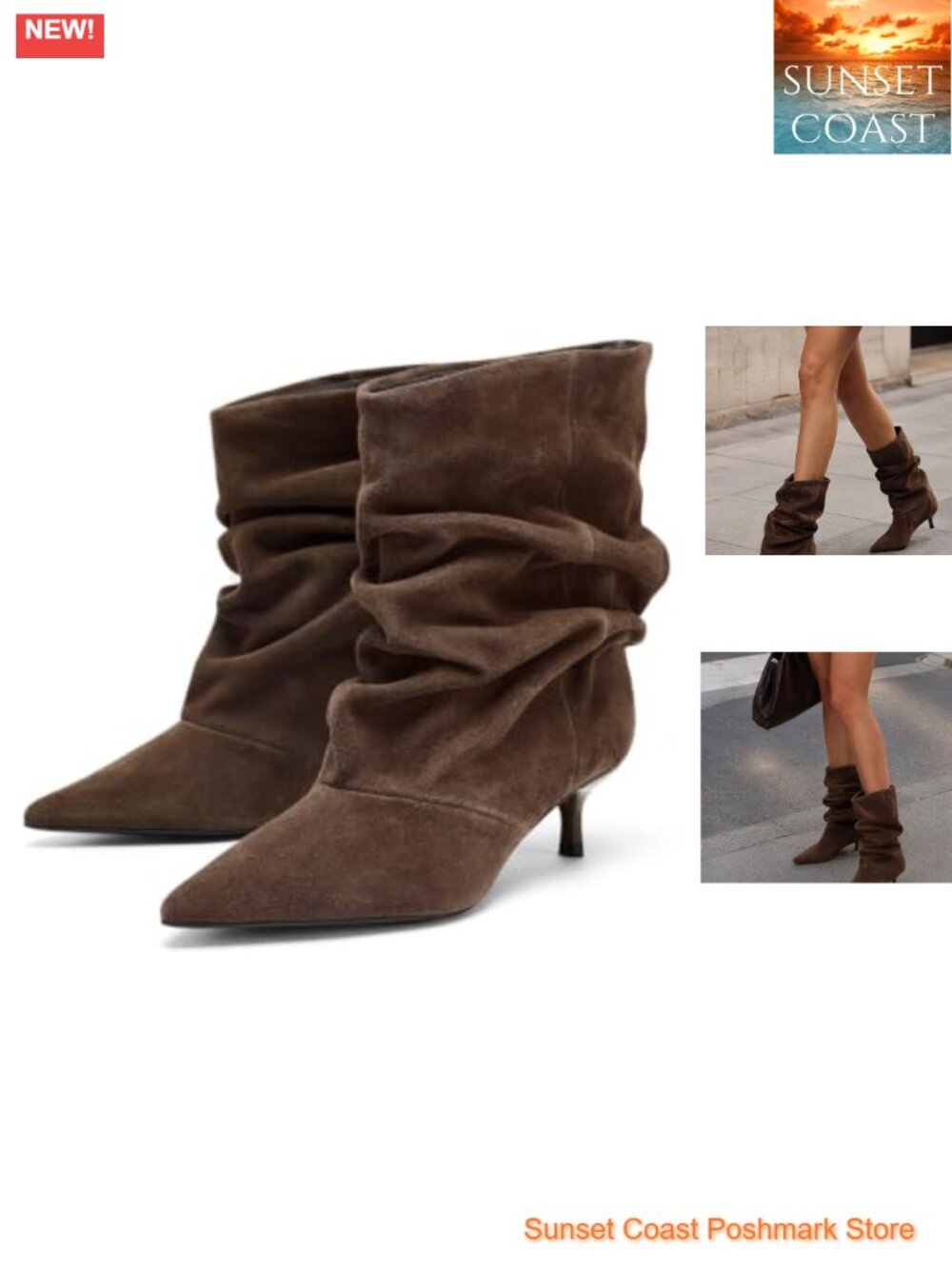 Womens Slouchy Ankle Boots Kitten Heel Pointed Toe Pull On Booties